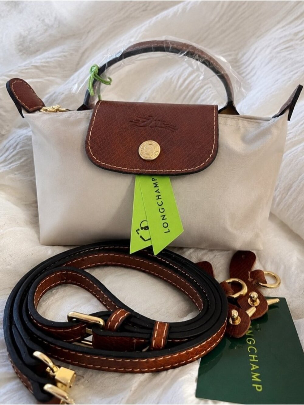 Longchamp Beige Crossbody with Brown Leather Trim and Gold Hardware